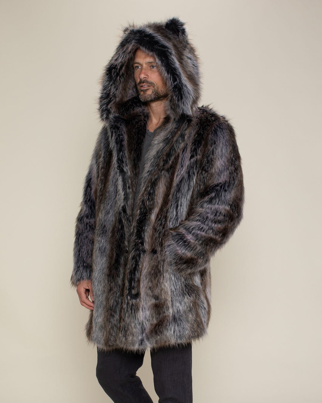 Men s Faux Fur Coat With Hood Ears Grey Wolf SpiritHoods