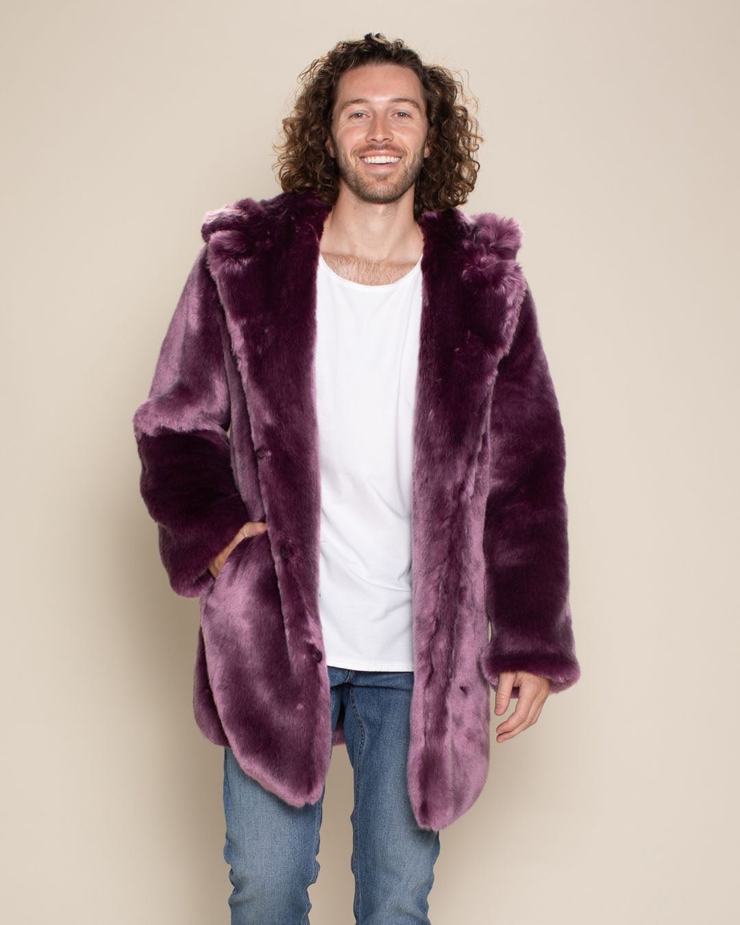 Men s Faux Fur Coat With Hood Lavender Wolf SpiritHoods