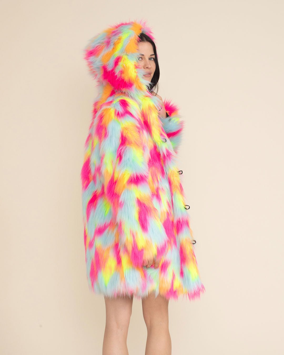 Hooded Women's Faux Fur Coat | Neon Calico Kitty