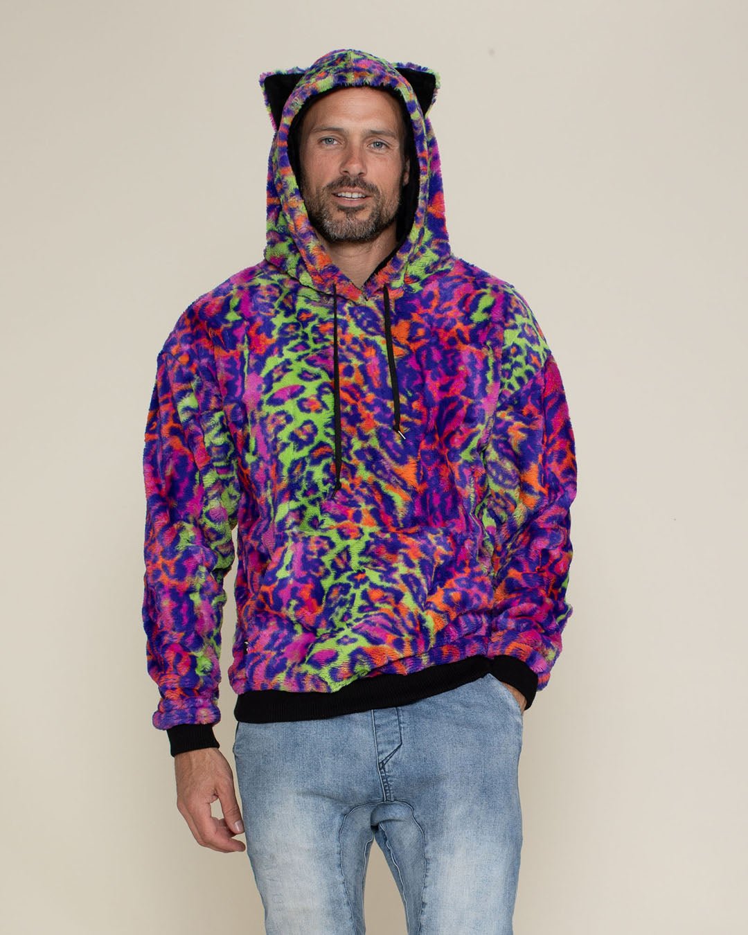 Classic Men's Fur Hoodie | Neon Disco Cat