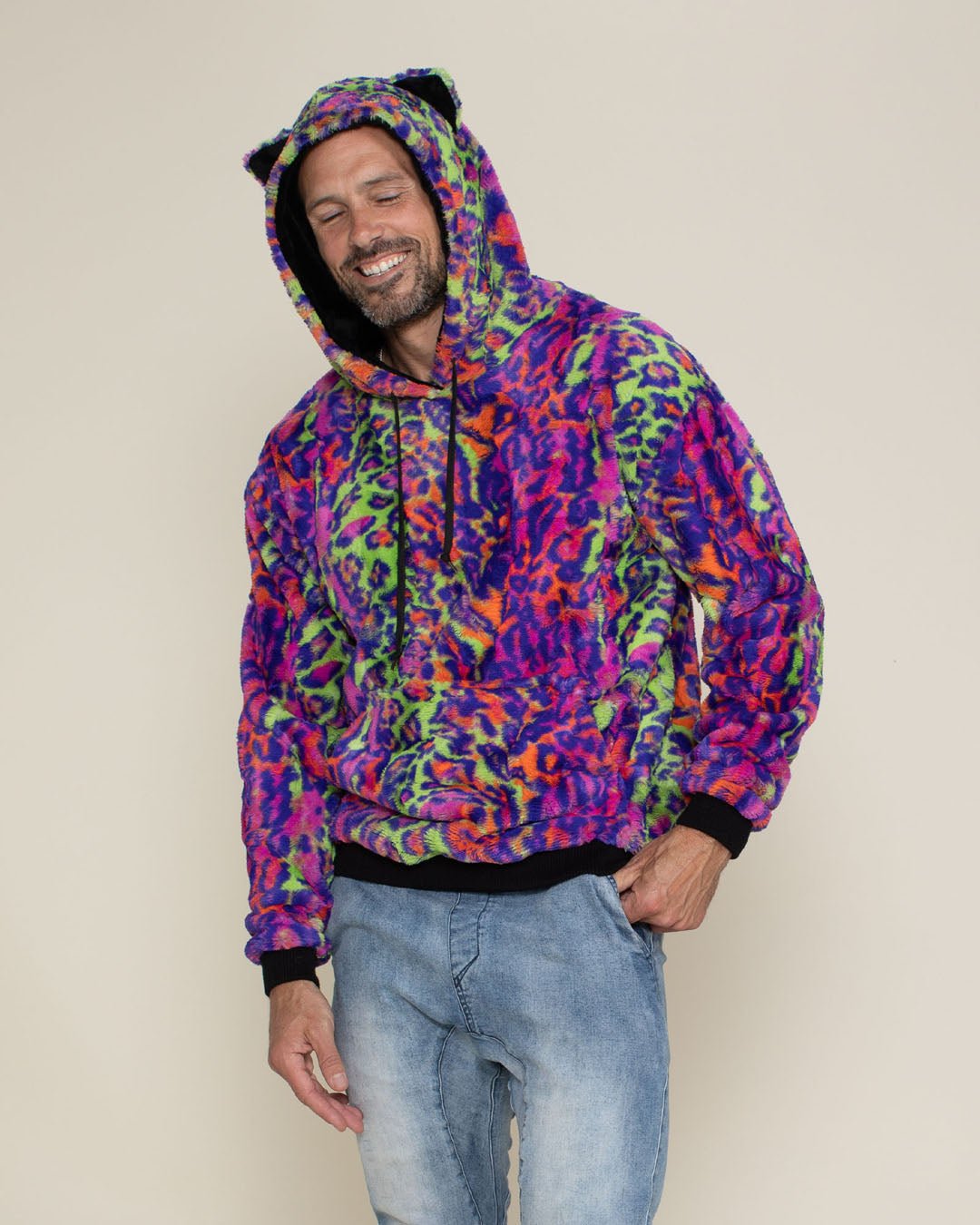 Classic Men's Fur Hoodie | Neon Disco Cat