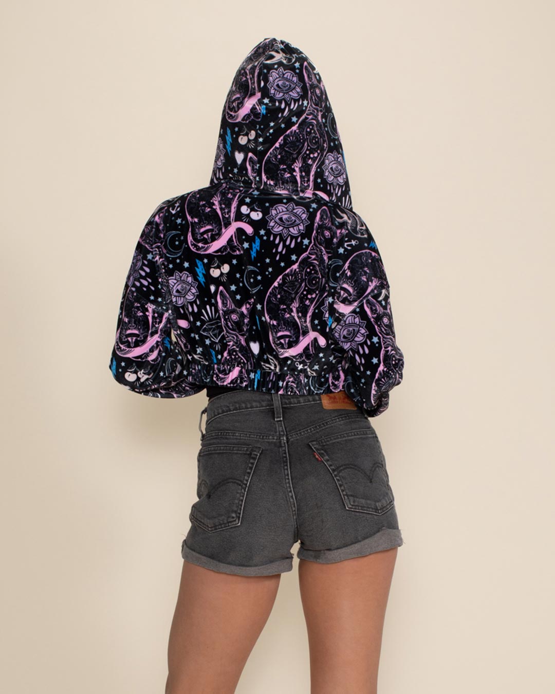 Sacred Sailor Kitty Hooded Velvet Cropped Jacket  | Women's