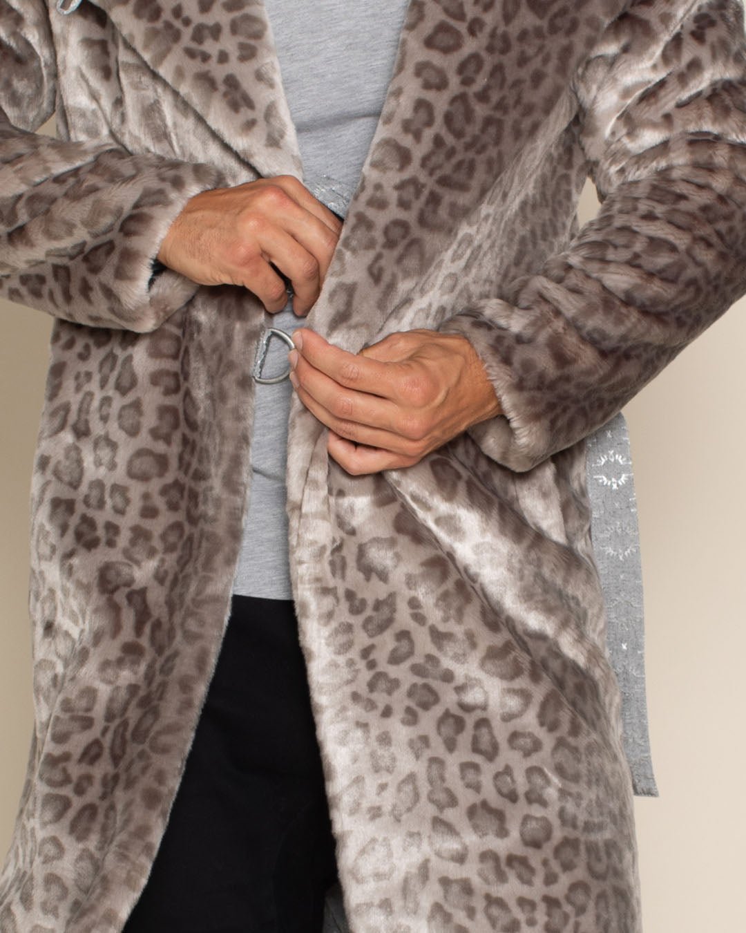 Classic Men's Long Faux Fur Coat | Silver Leopard