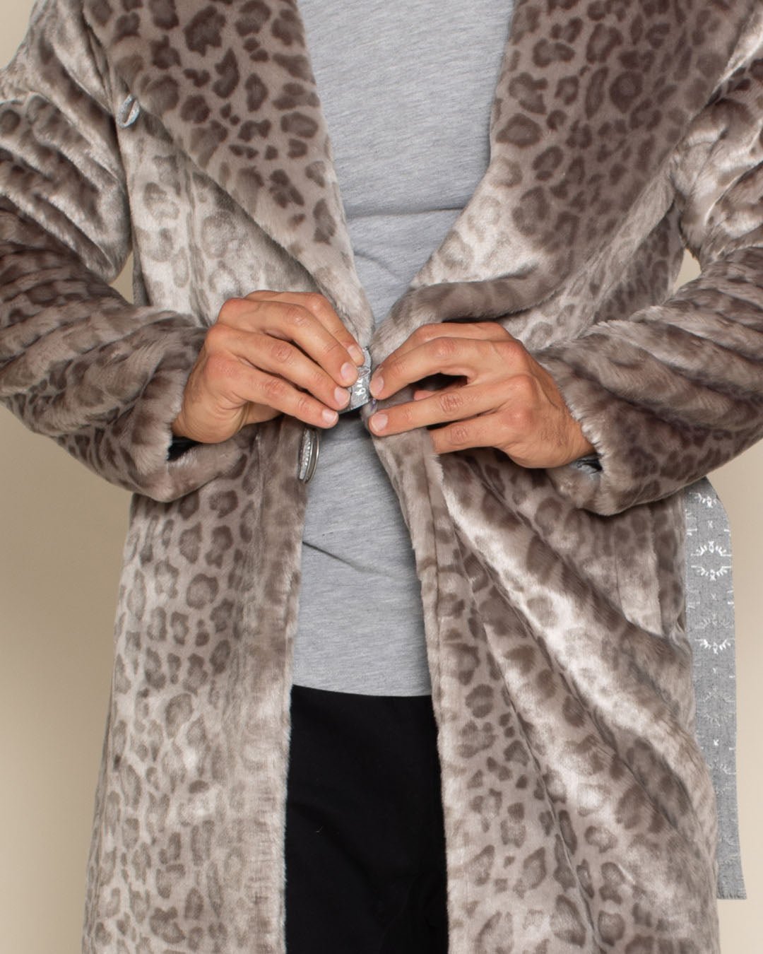 Classic Men's Long Faux Fur Coat | Silver Leopard