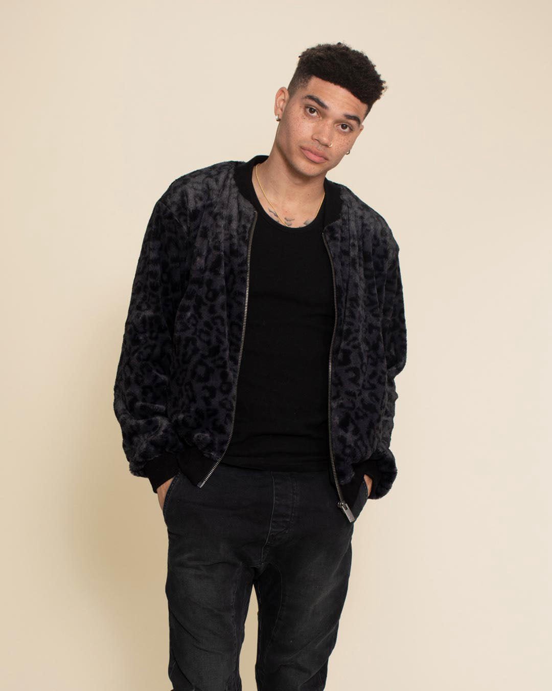 Slate Leopard ULTRA SOFT Faux Fur Bomber Jacket | Men's