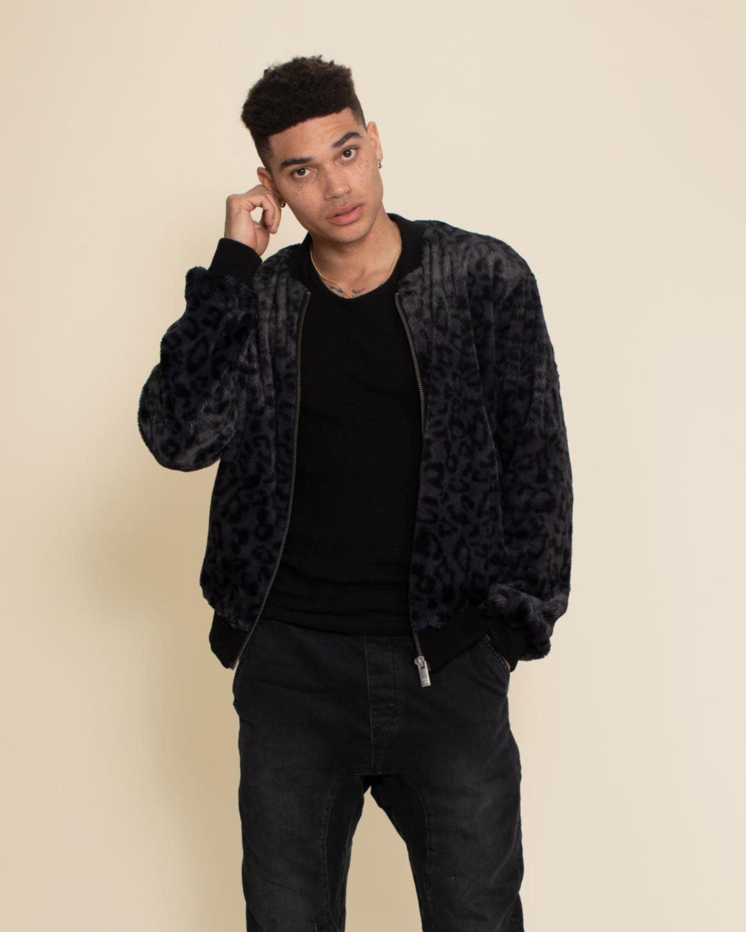 Slate Leopard ULTRA SOFT Faux Fur Bomber Jacket | Men's