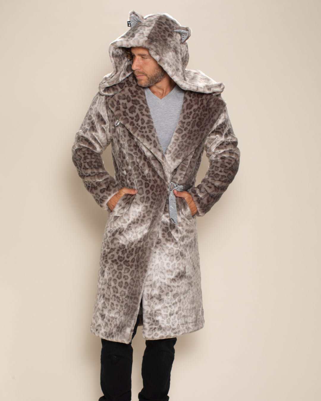 Classic Men's Long Faux Fur Coat | Silver Leopard