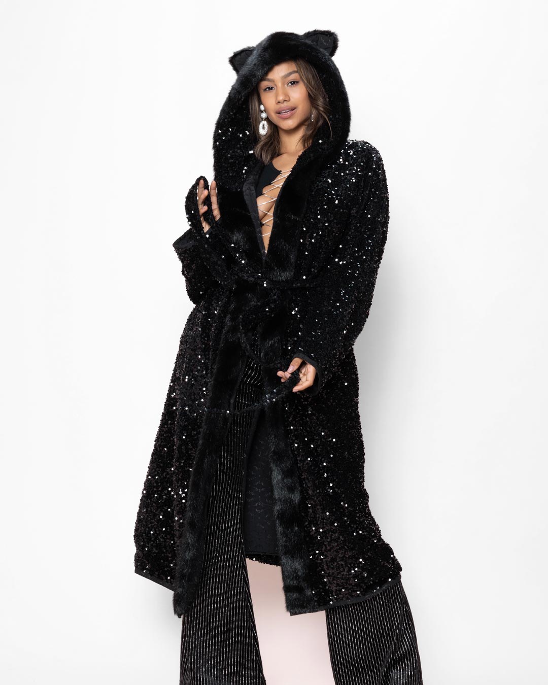 Classic Women's Long Sequin Coat | Black Panther