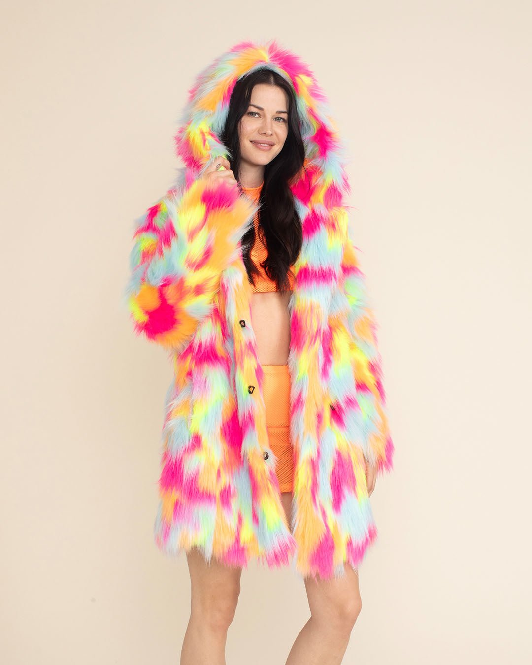 Hooded Women's Faux Fur Coat | Neon Calico Kitty