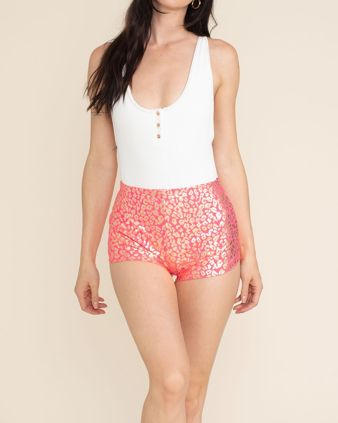 Neon Pink Royal Leopard Foil Booty Shorts | Women's