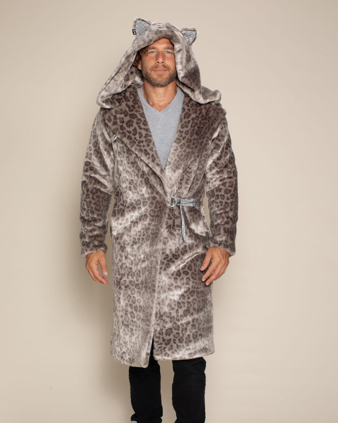 Classic Men's Long Faux Fur Coat | Silver Leopard