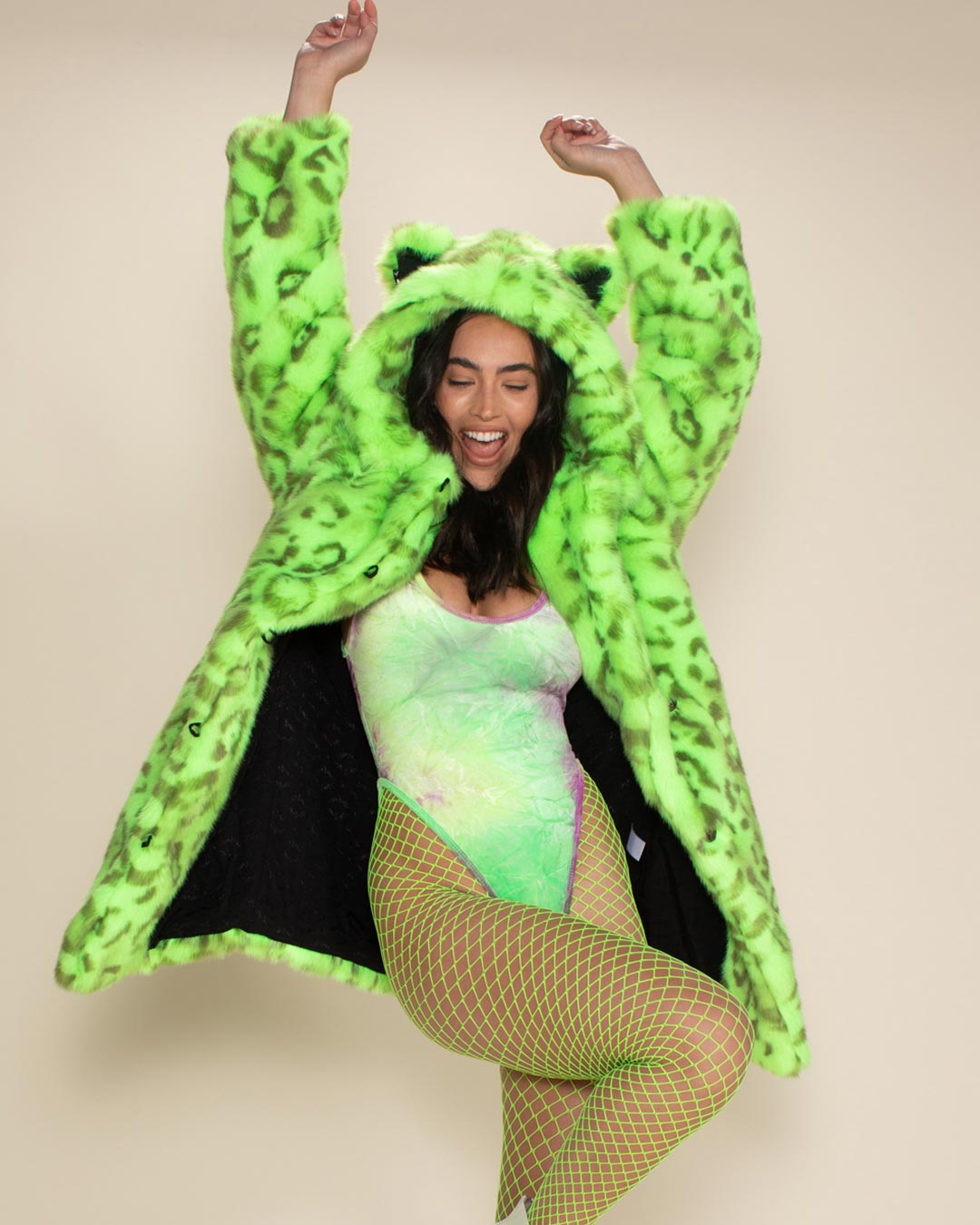 Classic Women's Faux Fur Coat | Neon Green Leopard