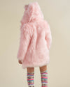 Girl in colorful knee-high socks wearing the faux fur Classic Flamingo Wolf coat, her back to the camera showcasing the coat.