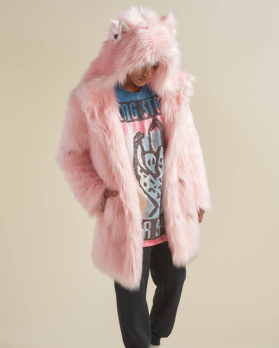 Men s Faux Fur Coat with Hood Flamingo Wolf S Pink