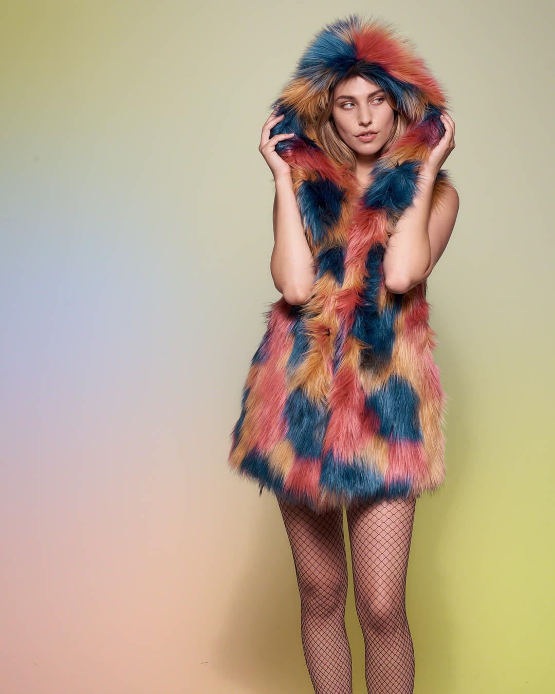 Colorful American Swallow Hooded Faux Fur Vest on Female