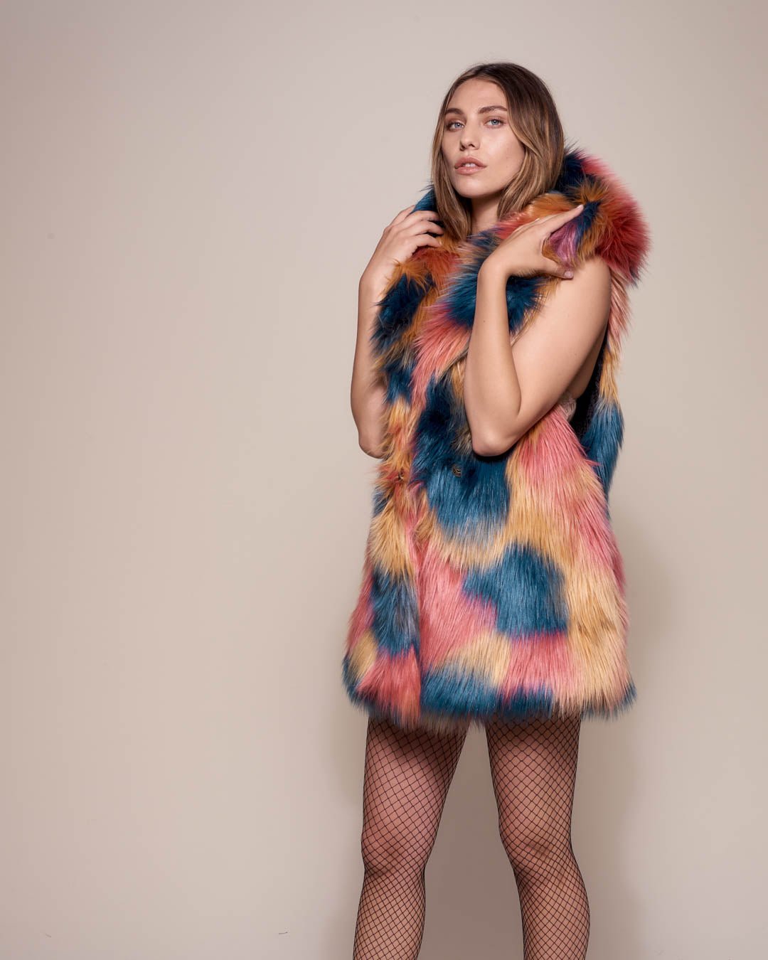 Woman Wearing American Swallow Hooded Faux Fur Vest