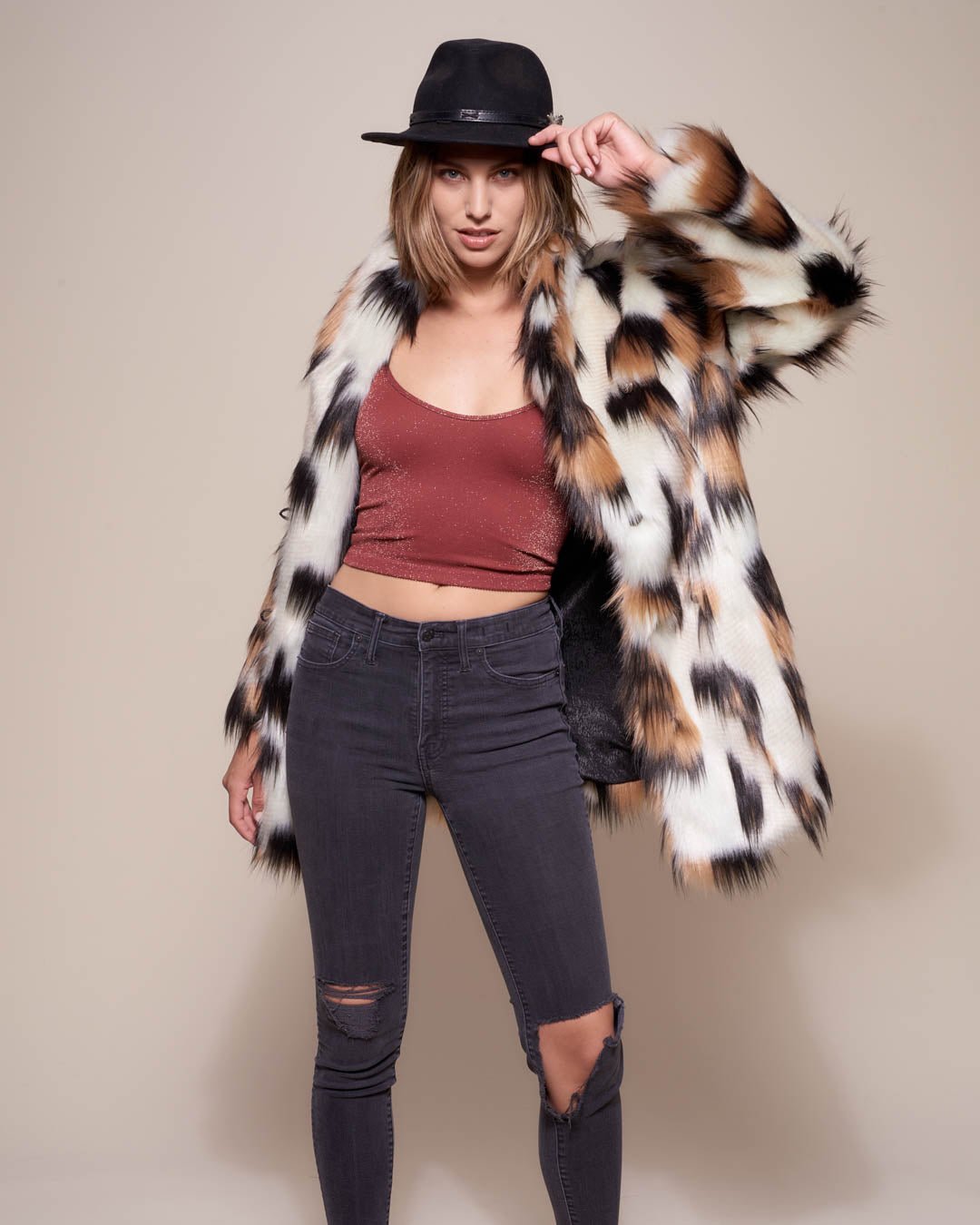 Manx Cat Collared Faux Fur Coat on Female Model