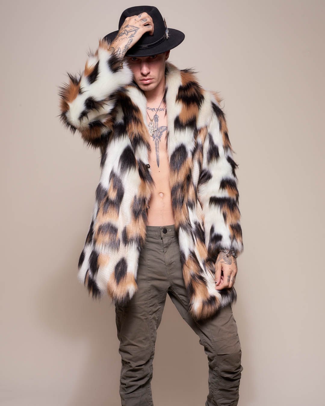 Man wearing Manx Cat Collared Faux Fur Coat