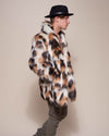 Man wearing Manx Cat Collared Faux Fur Coat, side view 2