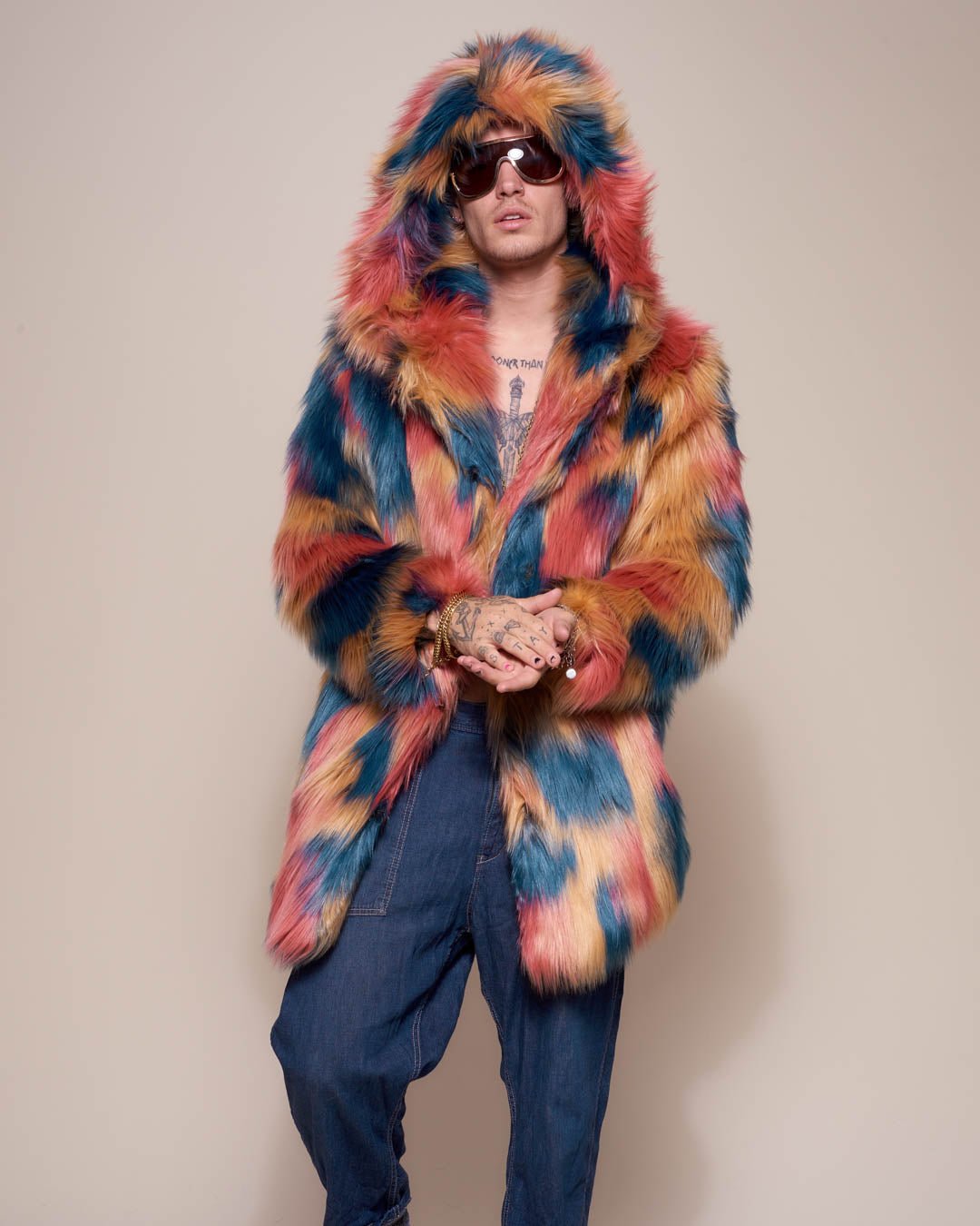 Man wearing American Swallow Hooded Faux Fur Coat, front view 2