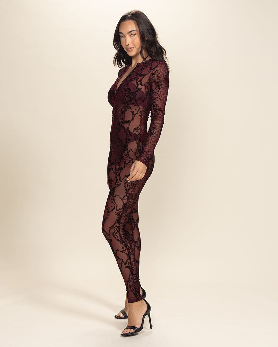 Women's Full Body Lace Bodysuit | Red Garnet Snakeskin