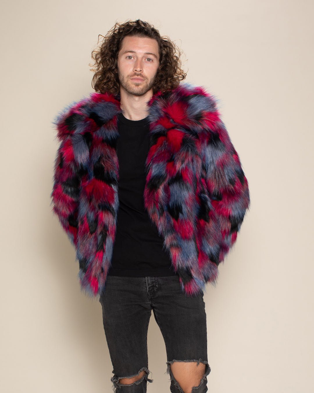 Men s Colorful Faux Fur Jacket Black Blue Red Crimson Cat SpiritHoods