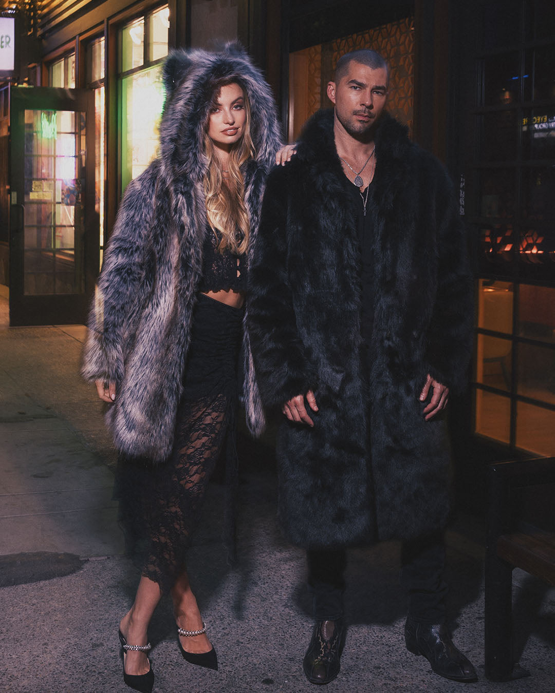 Men's Long Faux Fur Coat | Black Serval