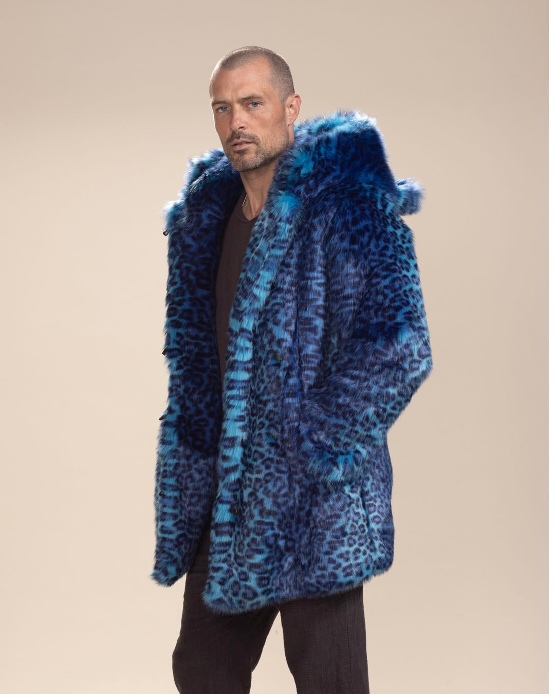 Classic Men's Faux Fur Coat | Electric Blue Lynx