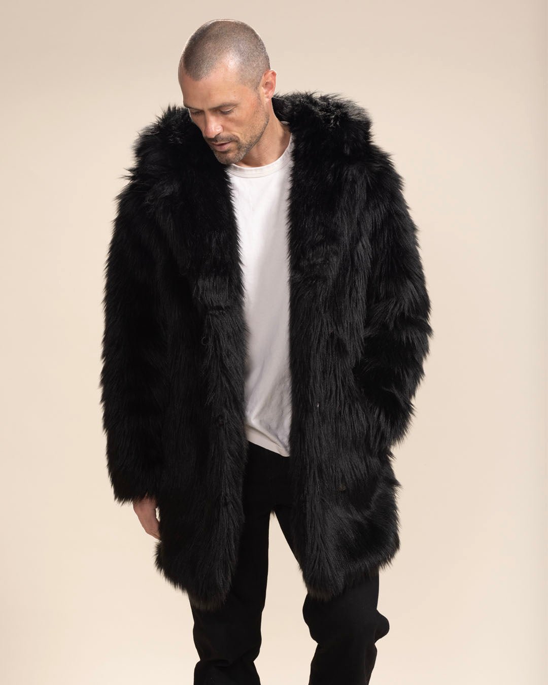 Men s Black Faux Fur Coat With Hood Black Wolf SpiritHoods