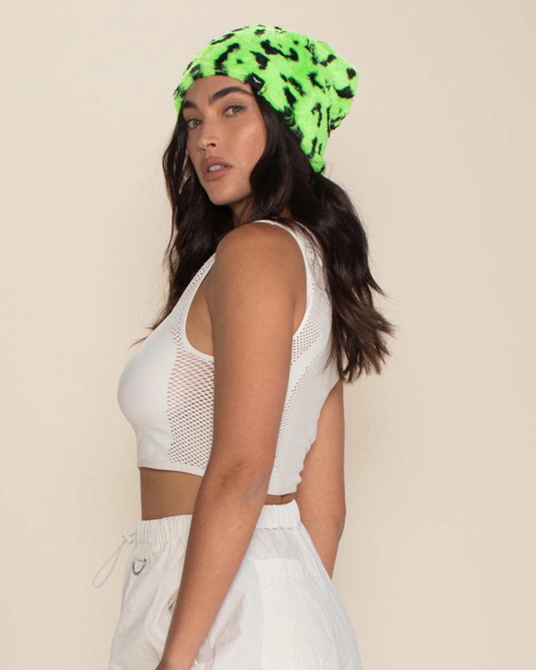 Neon Green Leopard Faux Fur Beanie | Women's