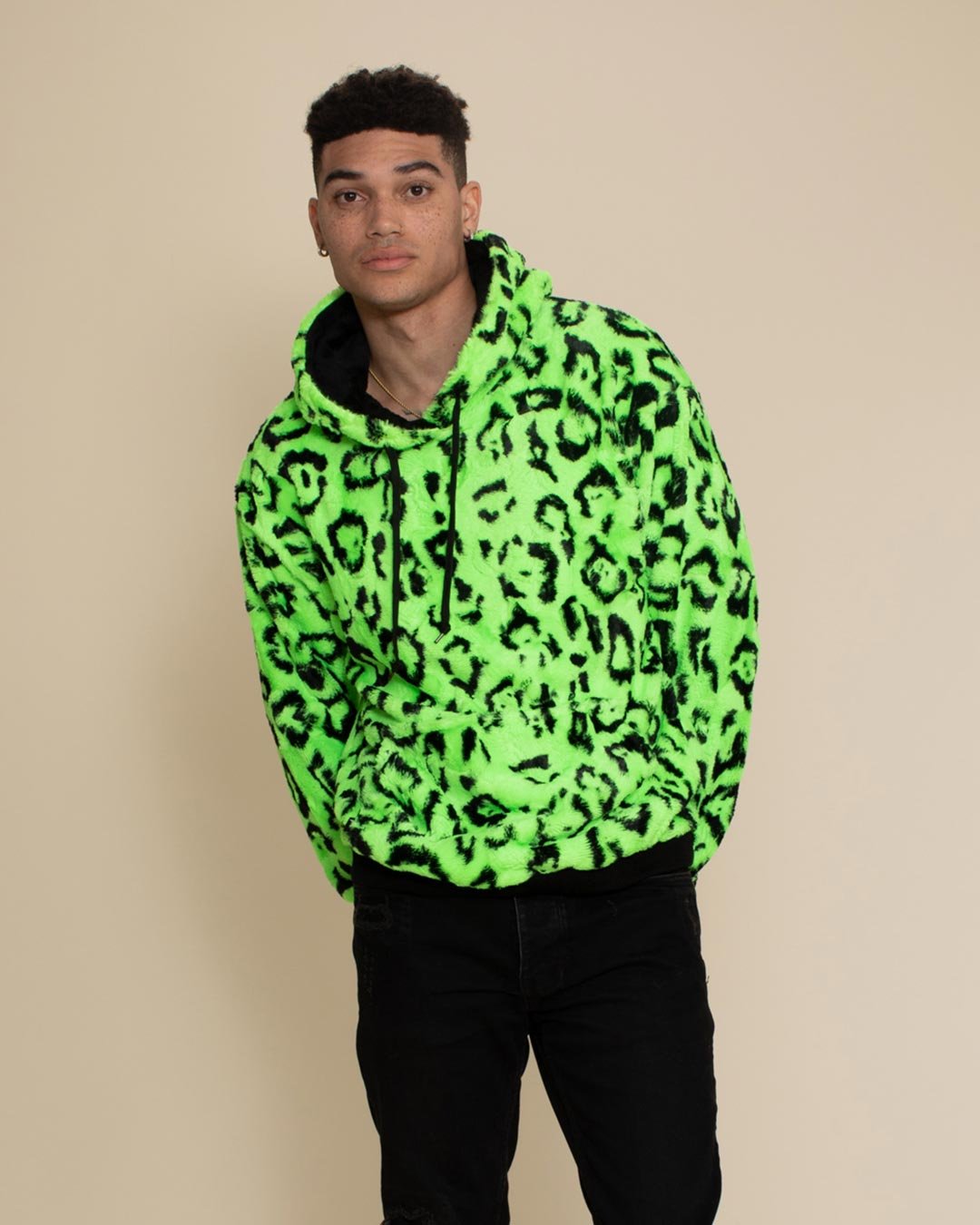 Men's Fur Hoodie | Neon Green Leopard