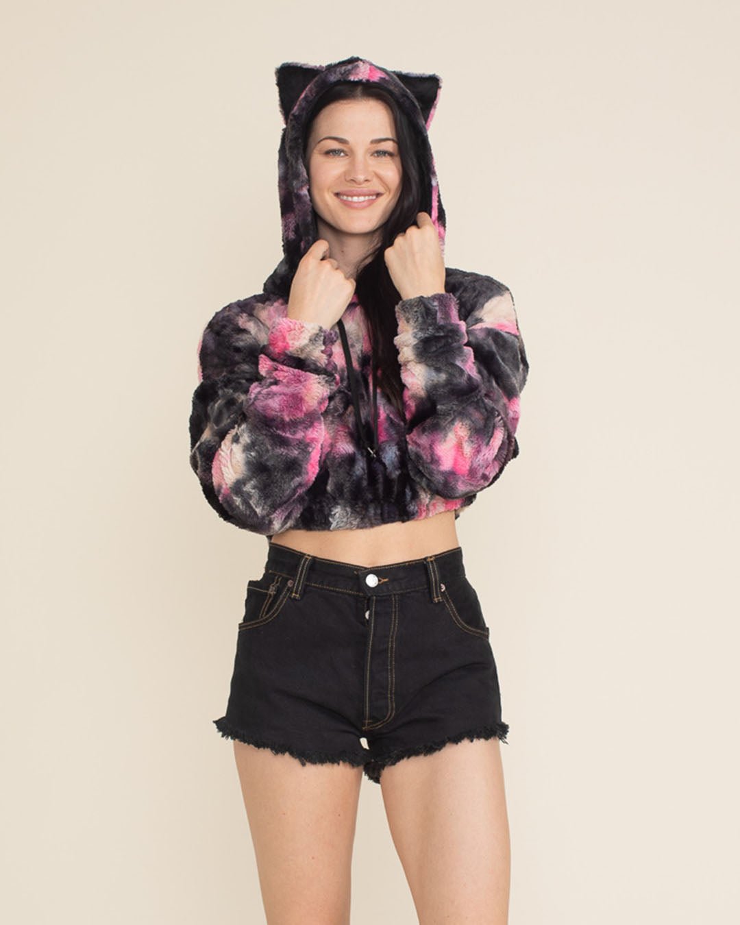 Ink Spotted Leopard Classic Ultra Soft Faux Fur Crop Hoodie | Women's