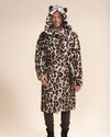 Handsome man in Classic Men's Long Vegan Fur Coat in Arabian Leopard Print, hood and ears up, belt fully closed, showcasing full coat.