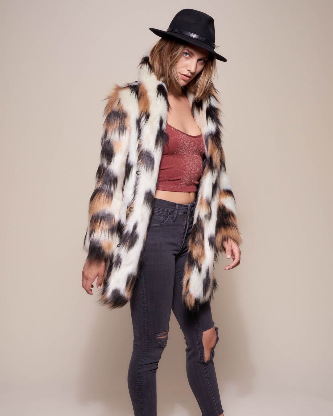 Manx Cat Collared Faux Fur Coat on Female Model