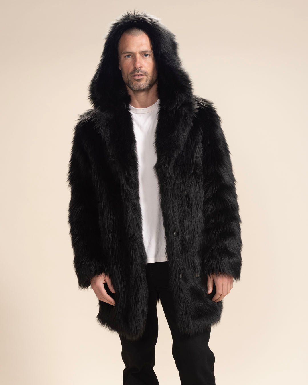 Men s Black Faux Fur Coat With Hood Black Wolf SpiritHoods