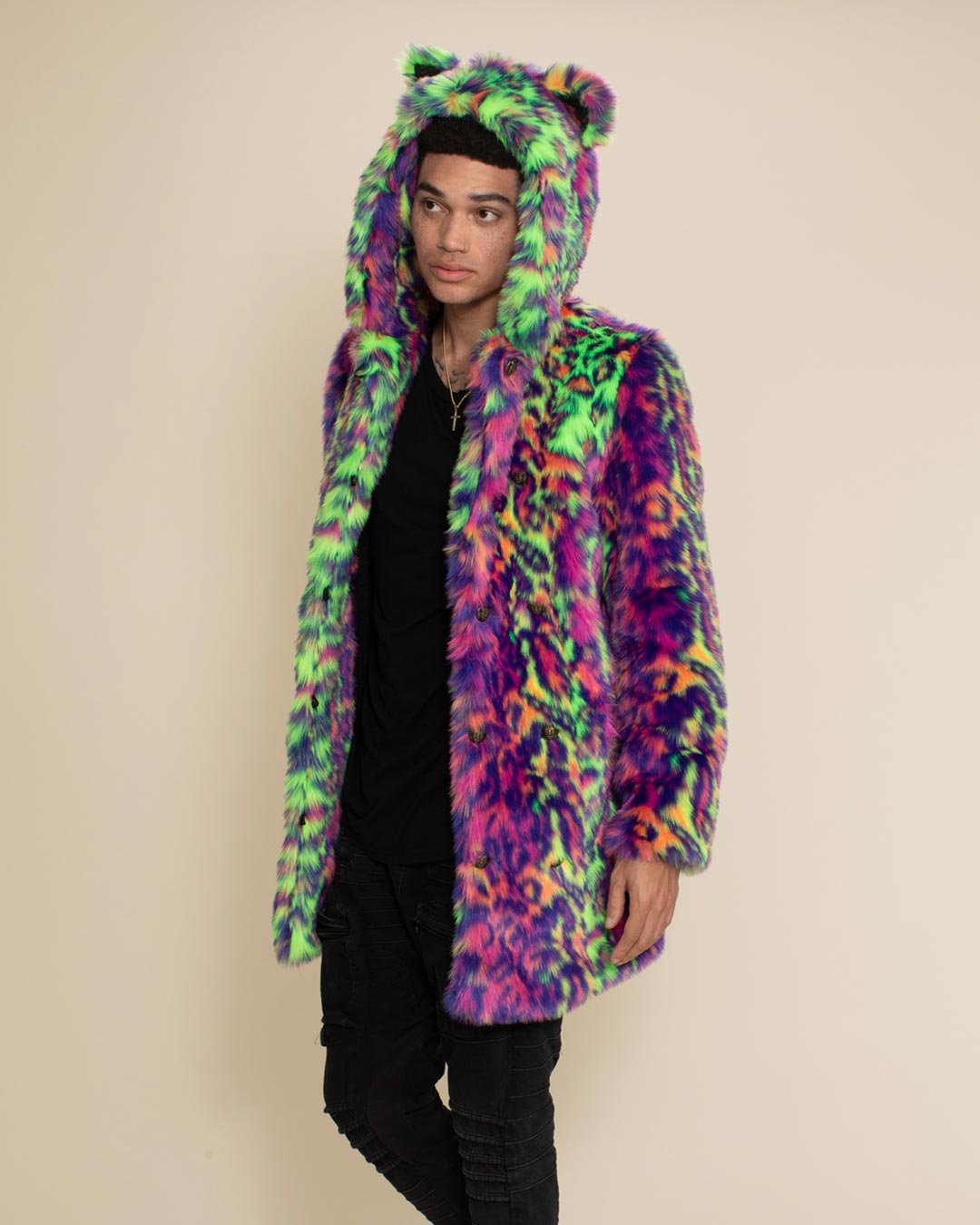 Men's Faux Fur Coat with Hood | Neon Disco Cat - SpiritHoods