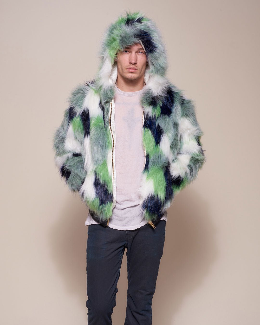 Man wearing Emerald Hummingbird Hooded Faux Fur Bomber Jacket, front view