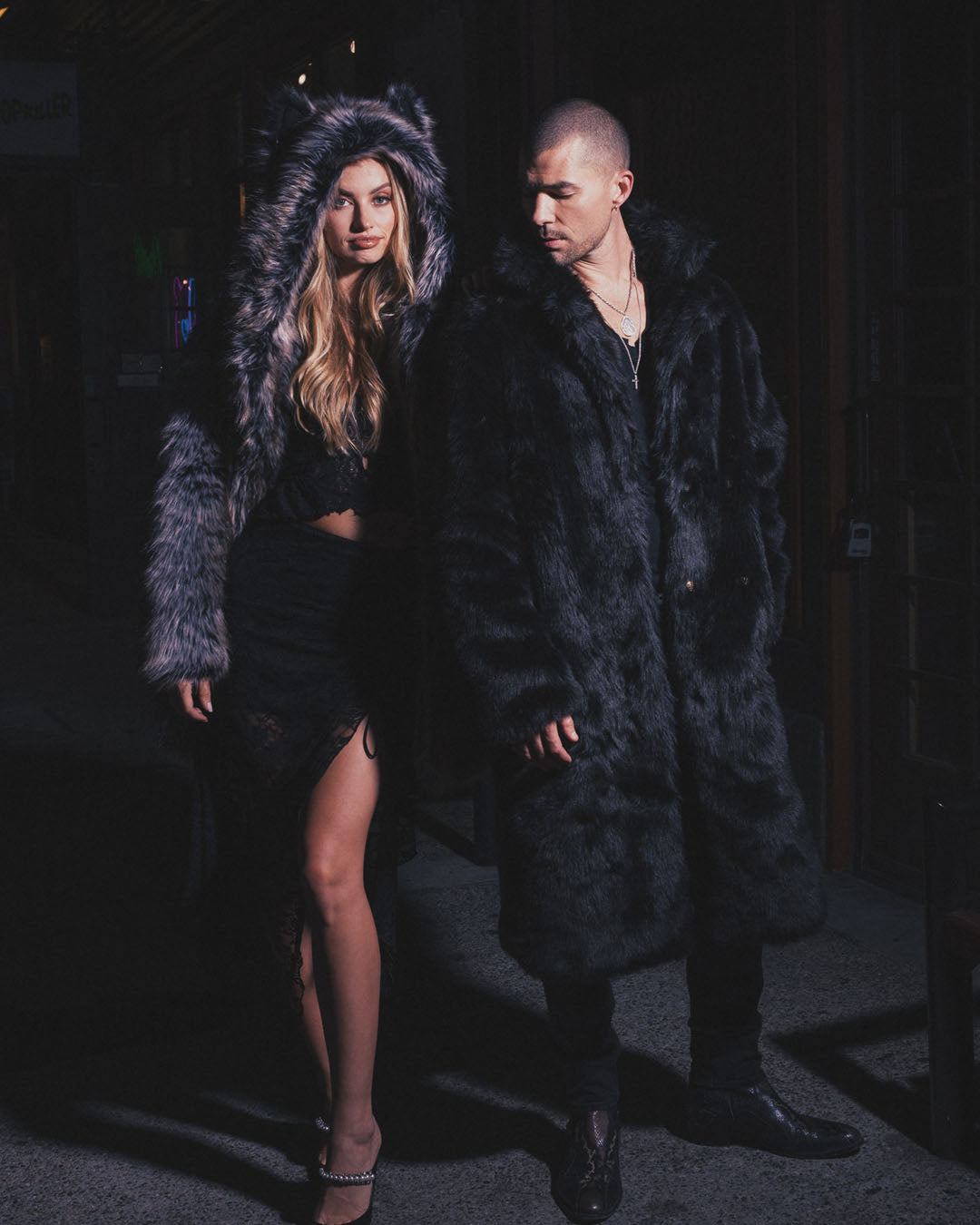 Men's Long Faux Fur Coat | Black Serval