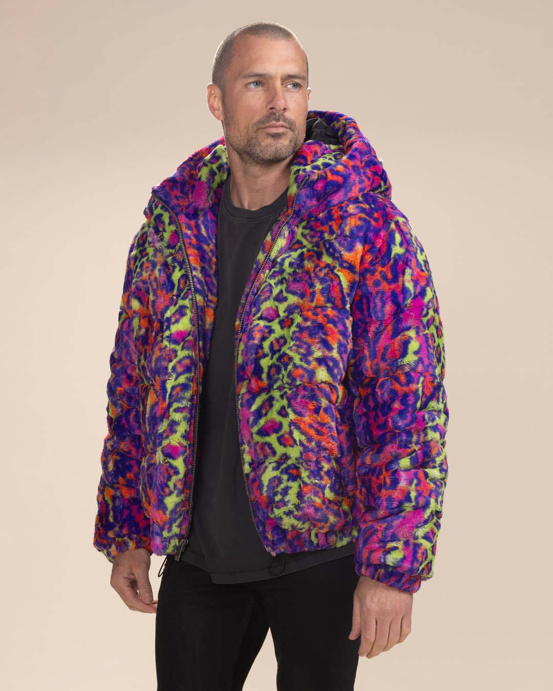 Men s Puffer Jacket with Hood Colorful Neon Disco Cat L neon multicolor leopard