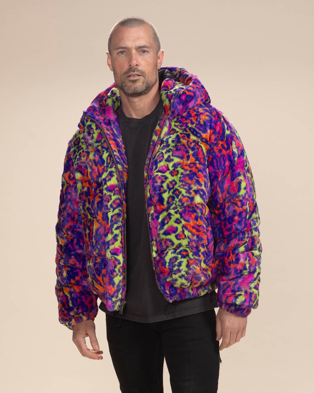 Classic Men's Puffer Jacket With Hood | Neon Disco Cat