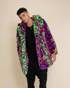 Young male model leaning to one side in Classic Disco Leopard Cat fake fur jacket. Stylish, trendy faux fur look with bold flair.