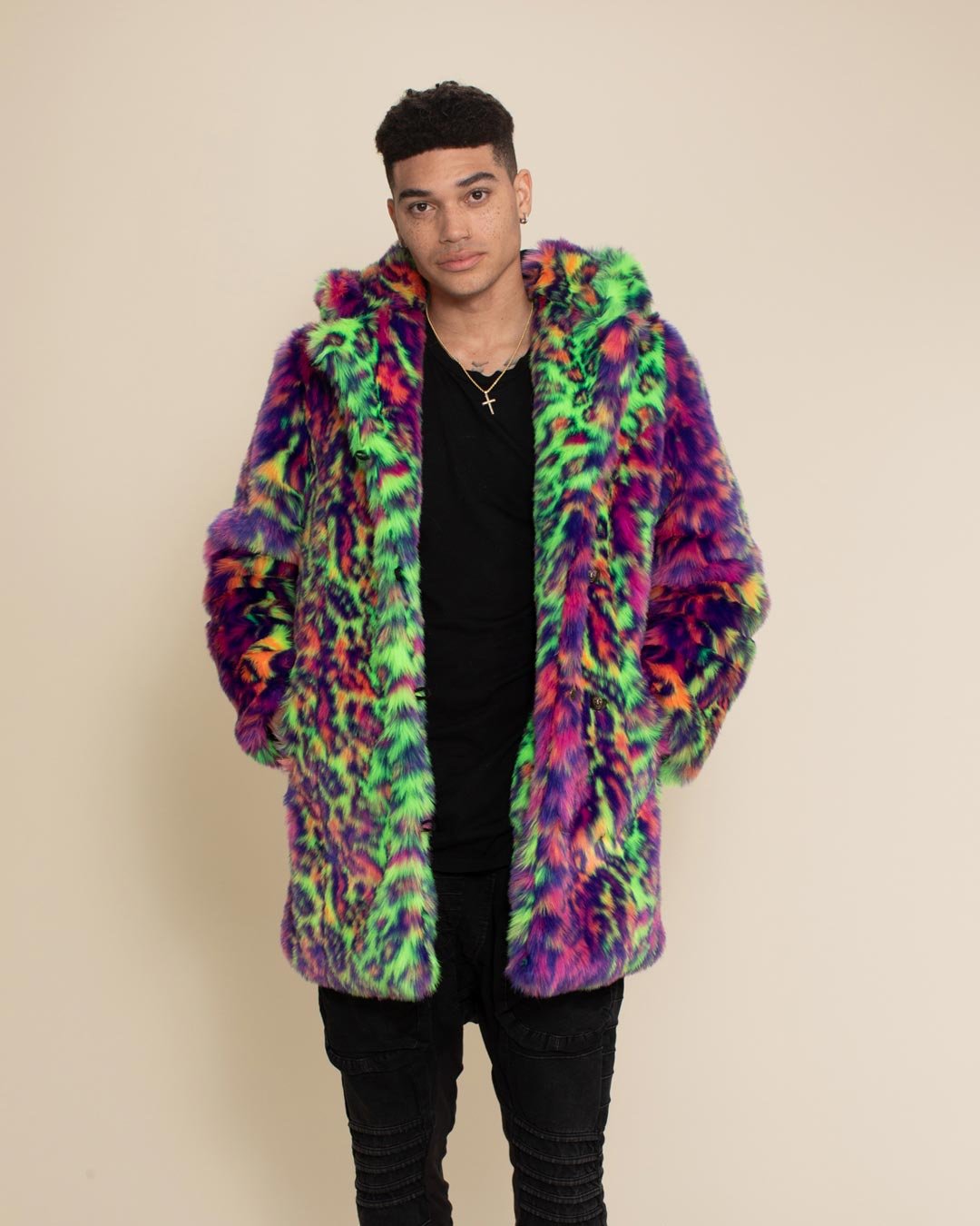 Cute guy in Classic Disco Kitty Leopard faux fur coat with hood down, hands in pockets, looking directly at the camera. Stylish look!