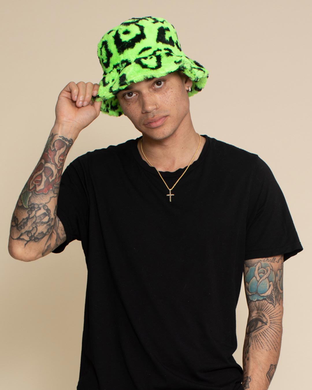 Neon Green Leopard Faux Fur Bucket Hat | Men's