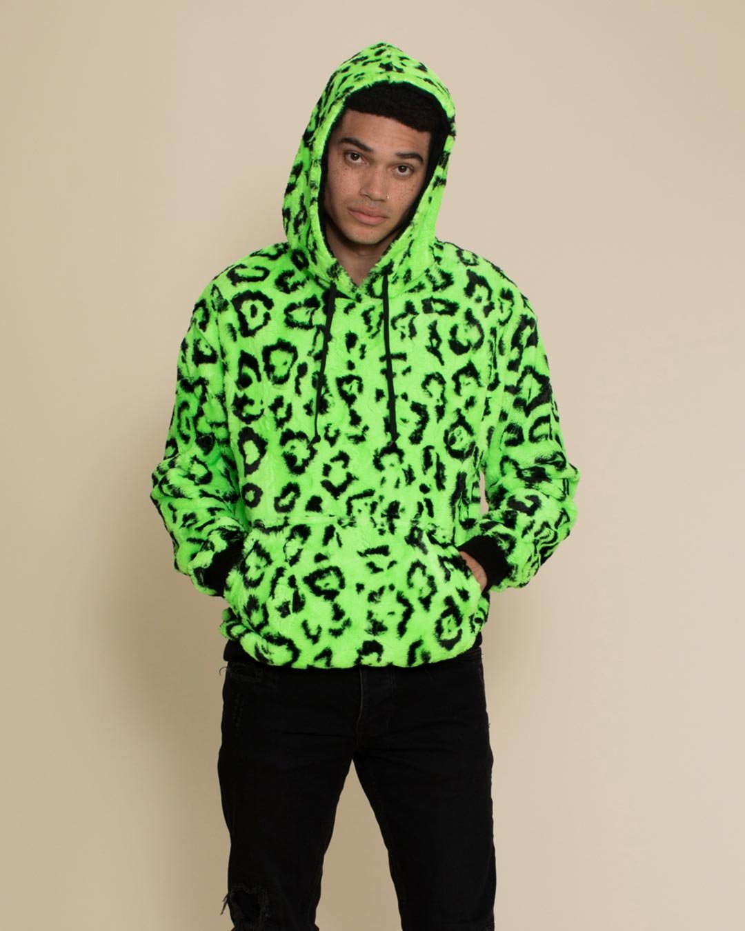 Men s Neon Green Leopard Faux Fur Hoodie Ultra Soft Hooded Jacket SpiritHoods