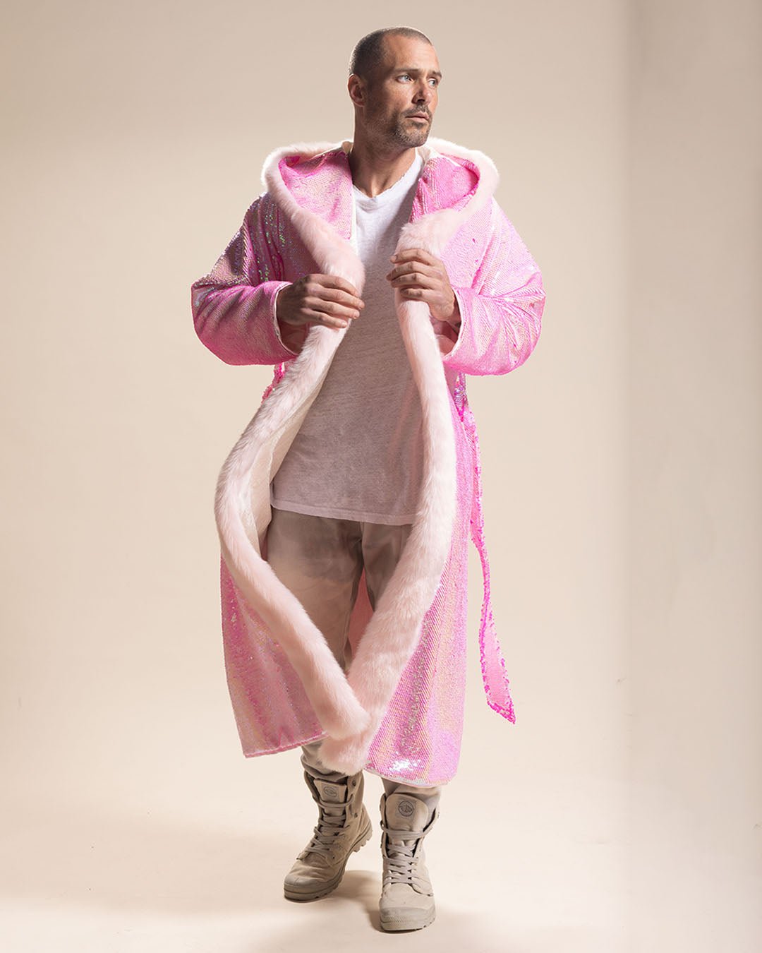 Classic Men's Long Sequin Coat | Pink Disco Cat