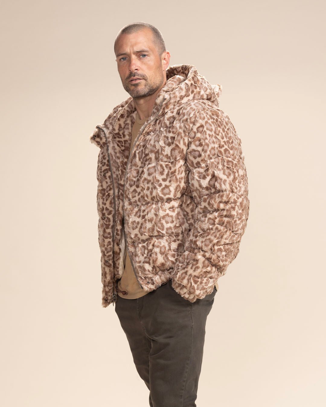 Classic Men's Puffer Jacket With Hood | Tan Leopard