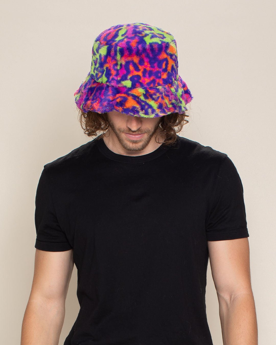 Men's Fur Bucket Hat | Neon Disco Cat