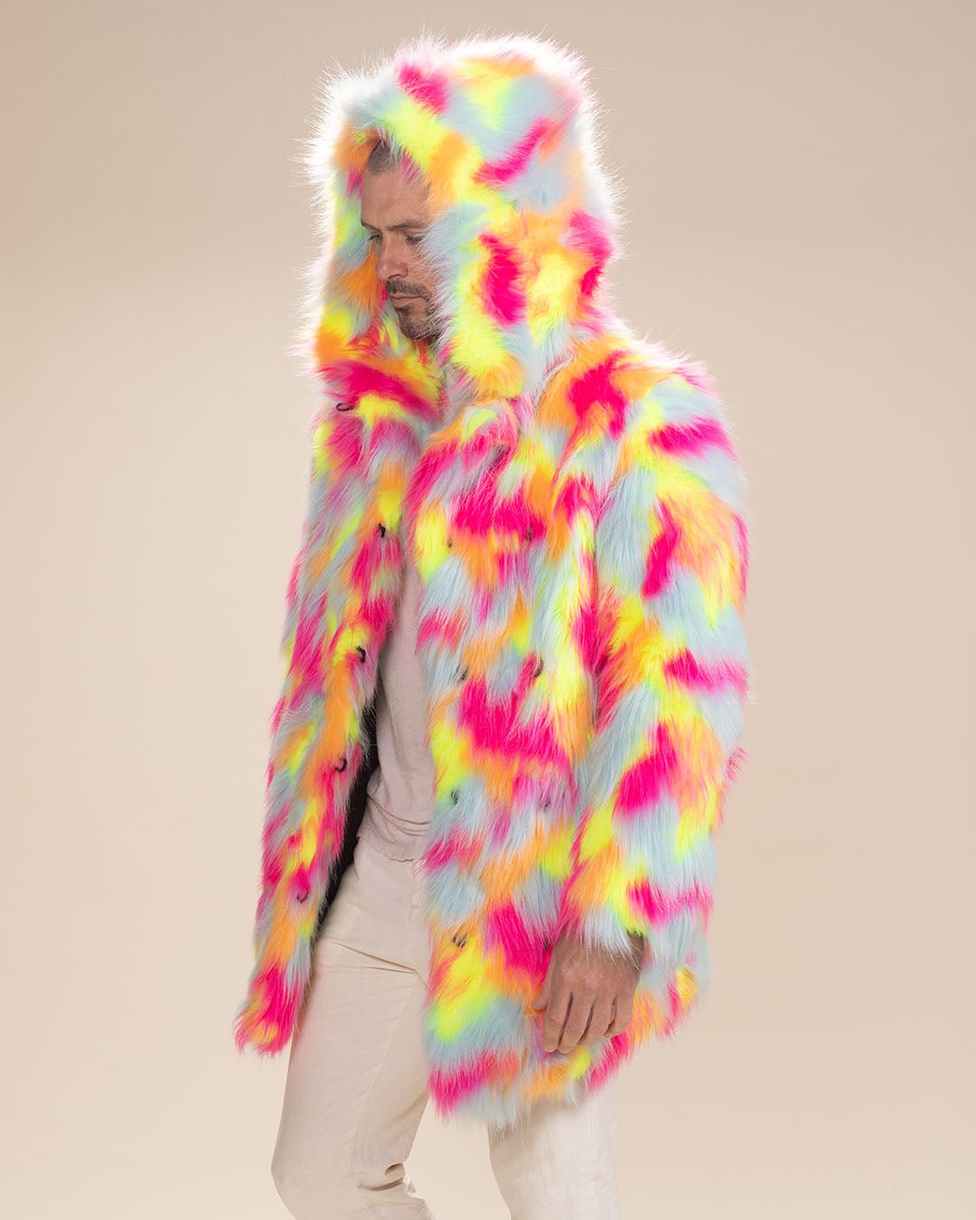 Hooded Men's Faux Fur Coat | Neon Calico Cat