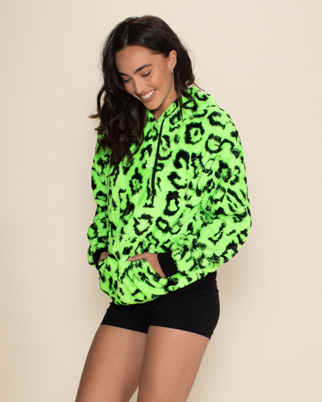 Women's Fur Hoodie | Neon Green Leopard