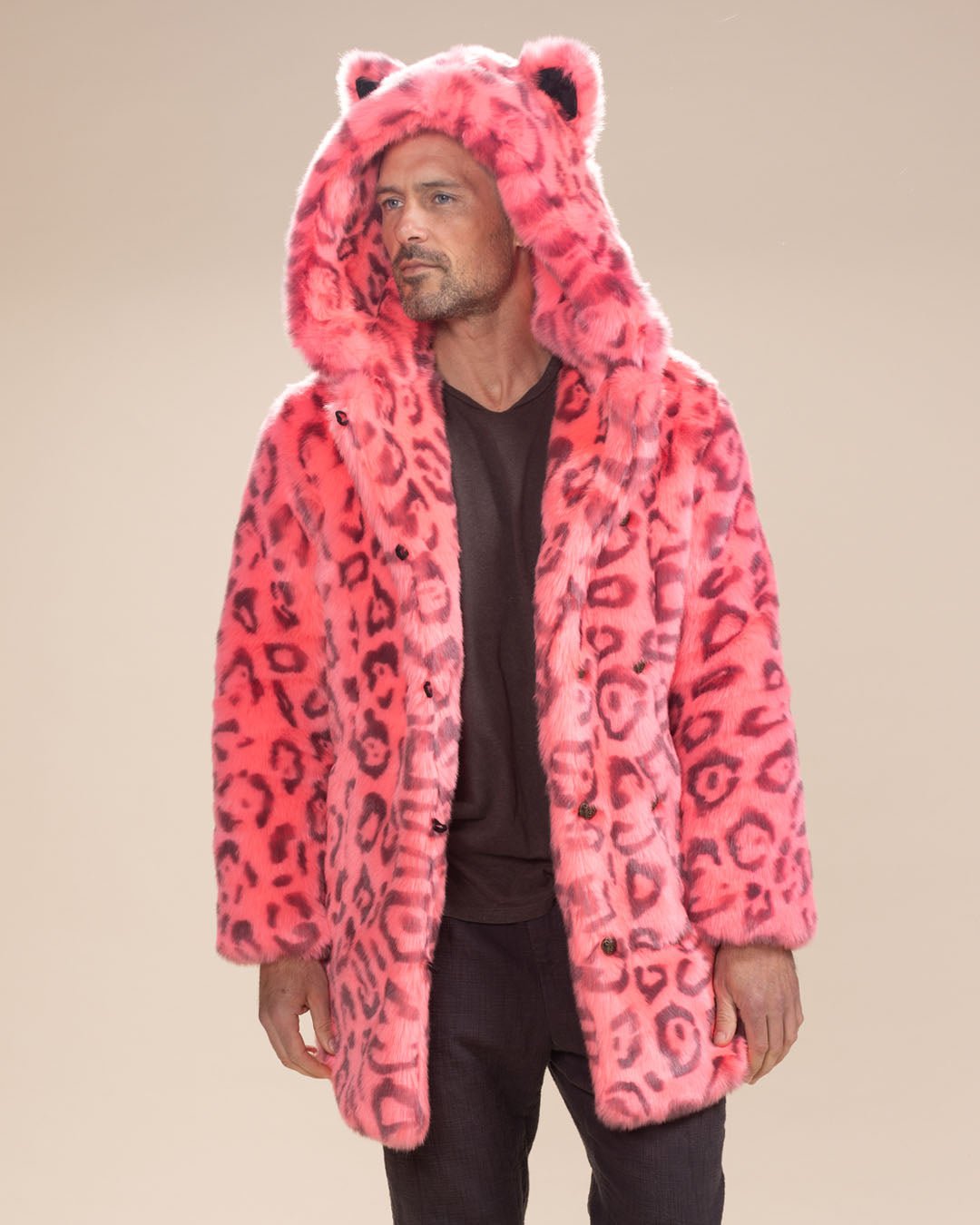 Men s Faux Fur Coat with Hood Hot Pink Leopard SpiritHoods